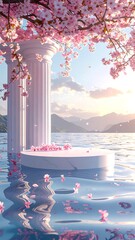 A serene, pastel-hued scene featuring white columns, floating blossoms, and a tranquil body of water, showcasing a beautiful, polished, marble pedestal.