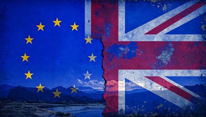 Divided flags, cracked wall, mountainous landscape