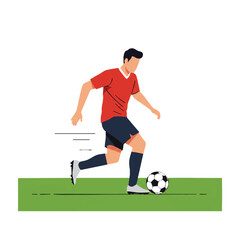 Obraz premium Male soccer player dribbling a ball across a green pitch, captured in a dynamic flat 2D vector illustration with vibrant colors and clean outlines on a crisp white background.