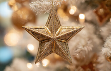 Close-up of a gold star Christmas tree decoration with a blurred background. festive and holiday concept