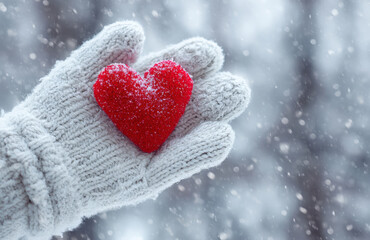 Fototapeta premium Close-up of a hand in white knitted industrial-style gloves holding a red heart on a snow background, with copy space
