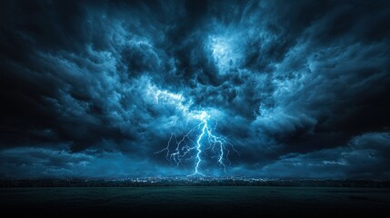   A large cloud with lightning fills the sky as dark clouds surround it and a central lightning bolt illuminates the scene