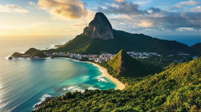 Majestic view of Rio de Janeiro beach and mountains at sunset
