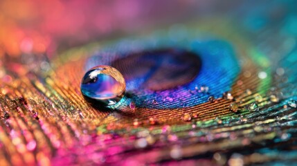 Fototapeta premium Captivating Macro Shot of Water Droplet on Peacock Feather with Iridescent Colors, Symbolizing Beauty Diversity and Detail