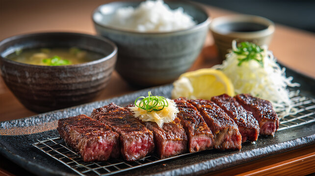 牛ステーキ定食の盛り付け写真