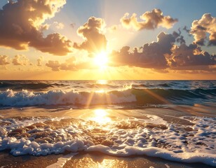 A breathtaking coastal sunrise, with golden sunlight illuminating waves crashing on the sandy shore, creating a tranquil and vibrant scene.