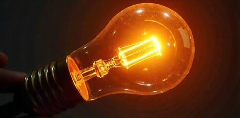 Close-up shot of a gleaming, golden light bulb; warm, inviting glow; filament detail visible; perfect for concepts of ideas, innovation, and energy , retro, light, radiance