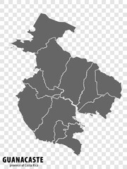 Blank map Guanacaste Province of Costa Rica. High quality map Cartago with municipalities on transparent background for your web site design, logo, app, UI. Costa Rica.  EPS10.