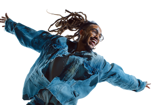 Man with dreadlocks feeling joyful and free, dancing with arms outstretched.