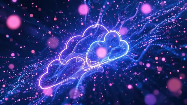 Abstract cloud computing concept with neon lights and data visualization