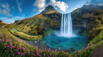 Obraz premium A vibrant waterfall cascades into a turquoise pool nestled within a dramatic Icelandic landscape, framed by rolling hills and wildflowers.