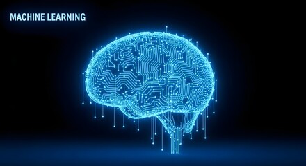 A glowing blue digital brain represents machine learning and artificial intelligence.