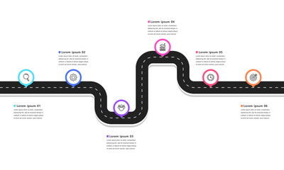 Business road map timeline infographic concept. with icons and 6 steps, Corporate milestones graphic elements. workflow layout, diagram, report, web design. Creative, Vector illustration.