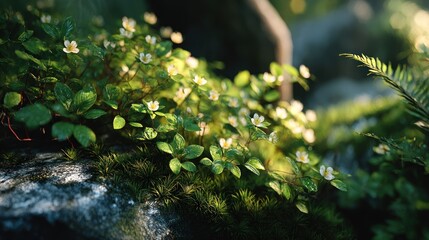 Fototapeta premium Enchanting ground-level view of wild strawberries and moss in sunlight