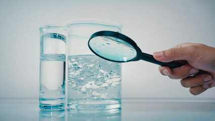 Magnifying glass examining glass of water.