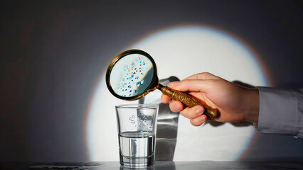Magnifying glass examining glass of water.