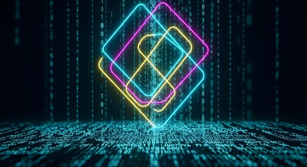 Abstract neon squares in yellow, pink, and blue, stacked and overlapping, with digital rain background and reflective surface.