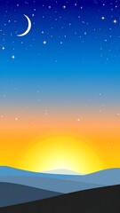 Sunrise over hills, crescent moon, starry night sky