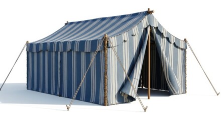 Blue and white striped tent on white background. Ancient desert dwelling. Nomad dwelling for historical and biblical scenes.