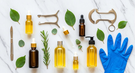 Luxury Herbal Skincare: Flatlay of Essential Oils, Surgical Tools & Gloves