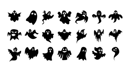 Obraz premium Set of spooky Halloween ghost silhouettes with various expressions and poses. Perfect for creating festive posters, stickers, and digital designs for the spooky season.