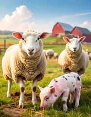 Fototapeta premium A picturesque rural scene showcases a group of sheep and a piglet in a grassy field, bathed in natural light, with a charming red barn in the background.