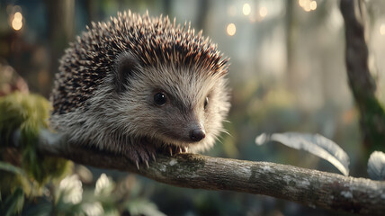 Fototapeta premium ハリネズミが枝にとまっている様子