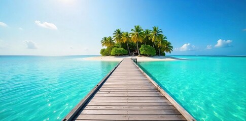 Serene island dock extending into calm turquoise water, sunlight reflecting on the tranquil surface Perfect for travel, vacation, and relaxation themes , wooden, blue