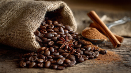 Fototapeta premium 香辛料を添えたコーヒー豆の近接静物シーン