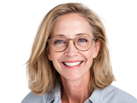 Smiling woman with glasses exudes confidence and professionalism.