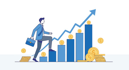 Businessman climbs rising bar chart with briefcase, symbolizing career growth and financial success in modern business world, conveying ambition and achievement.