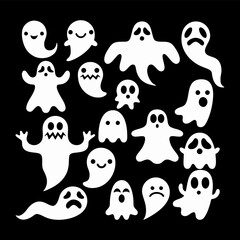 Pack of cute Halloween ghosts with various expressions and poses. Ideal for stickers, posters, and festive digital projects.