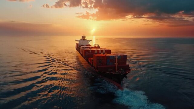A large cargo ship sails through calm waters as the sun sets in the background