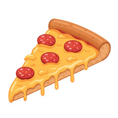 Mouth-watering Flat 2D Vector Pizza Slice with Exaggerated Gooey Melting Cheese & Perfect Pepperoni, Isolated on White