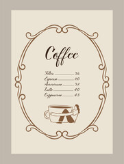Elegant coffee menu template. Matisse style food and beverage illustrations.