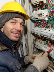 Giovane uomo elettricista al lavoro, concetto di mancanza di lavoratori specializzati e nuove generazioni nei mestieri tecnici