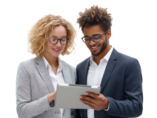 Two business professionals reviewing data on tablet, teamwork concept.