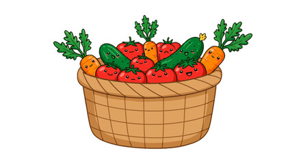 Cartoon basket of vegetables tomatoes carrots cucumbers healthy food fresh produce cute illustration organic on transparent background