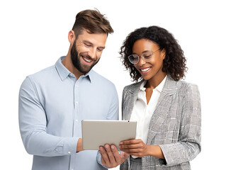 Smiling diverse colleagues using tablet, discussing project, teamwork