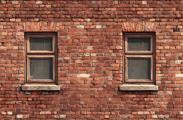 seamless, high-resolution repeating pattern of old red brick wall texture, featuring four windows, is perfect backdrop for vintage-style graphic design or architectural rendering.