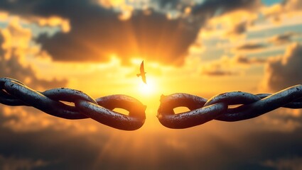 A bird flies free from broken chains against a sunset, symbolizing freedom and liberation.