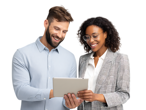 Smiling diverse colleagues using tablet, discussing project, teamwork