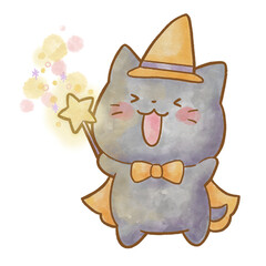 ハロウィンの仮装をして魔法をかけるかわいい黒猫の水彩風イラスト｜やさしいタッチ