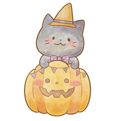 ハロウィンの仮装をしてジャックオランタンの後ろから顔をだすかわいい黒猫の水彩風イラスト｜やさしいタッチ
