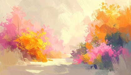 A vibrant abstract landscape painting showcases a serene scene of colorful trees along a tranquil waterway, with a soft, pastel palette and expressive brushstrokes.