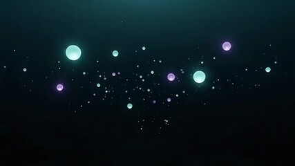 Ethereal Network of Glowing Cyan and Purple Spheres Drifting Through a Dark Mysterious Void. - Powered by Adobe