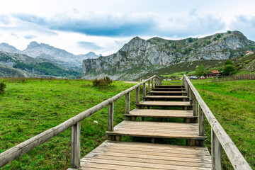 Fototapeta premium Wooden walkway leading to mountains in somiedo natural park, asturias, spain