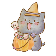 ハロウィンの仮装をしてお菓子入りかぼちゃバケツを抱えるかわいい黒猫の水彩風イラスト｜やさしいタッチ
