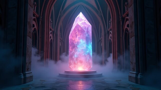 Ultra-detailed cinematic scene of glowing crystal floating inside dark gothic arch, colorful reflections on carved stone, mist and ethereal light enhancing mystery, enchantment, and timeless fantasy 
