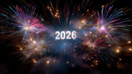 Wide symmetrical shot of fireworks arching across the frame, with “2026” centered in light.